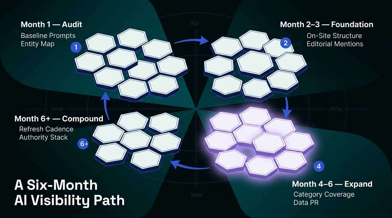 Four-step process flow from audit to foundation to expansion to compounding for AI search optimization