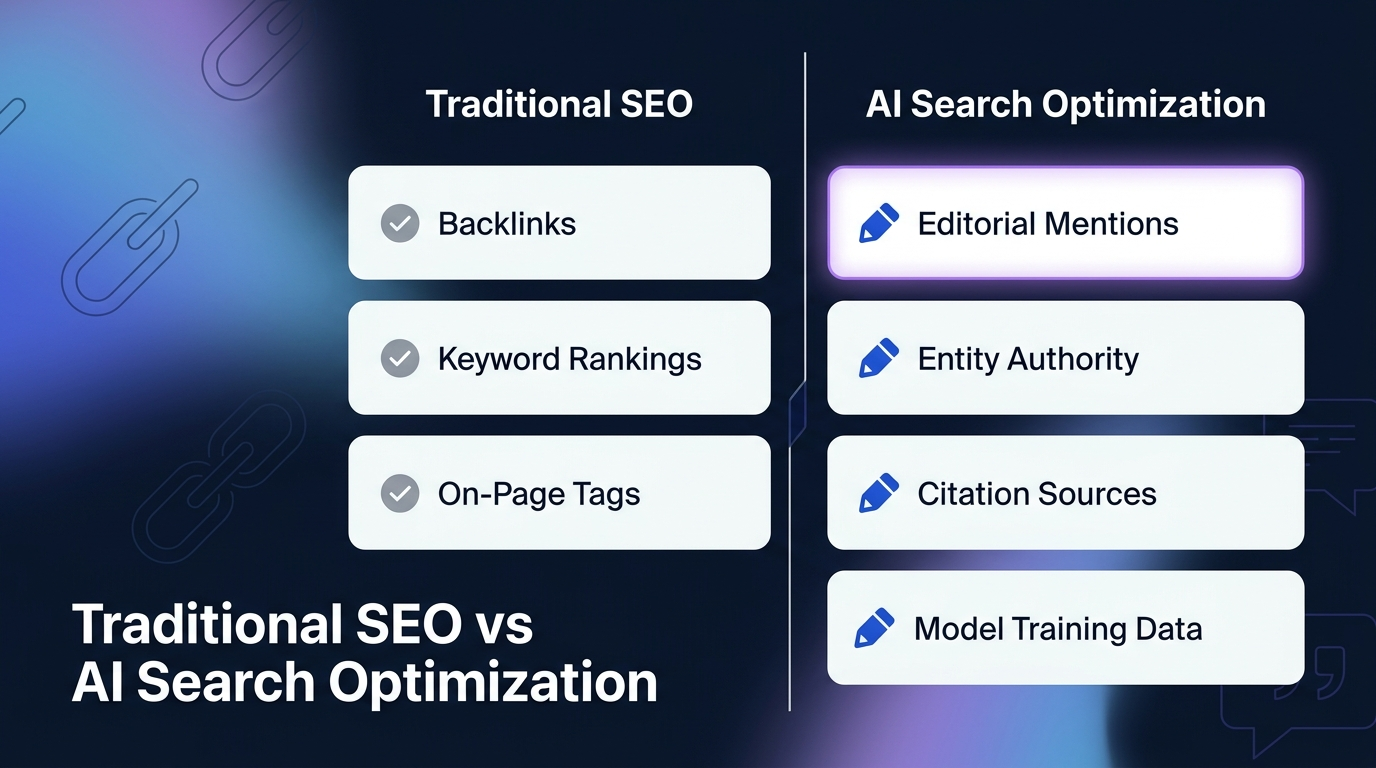 Split illustration comparing traditional SEO signals with AI search optimization signals