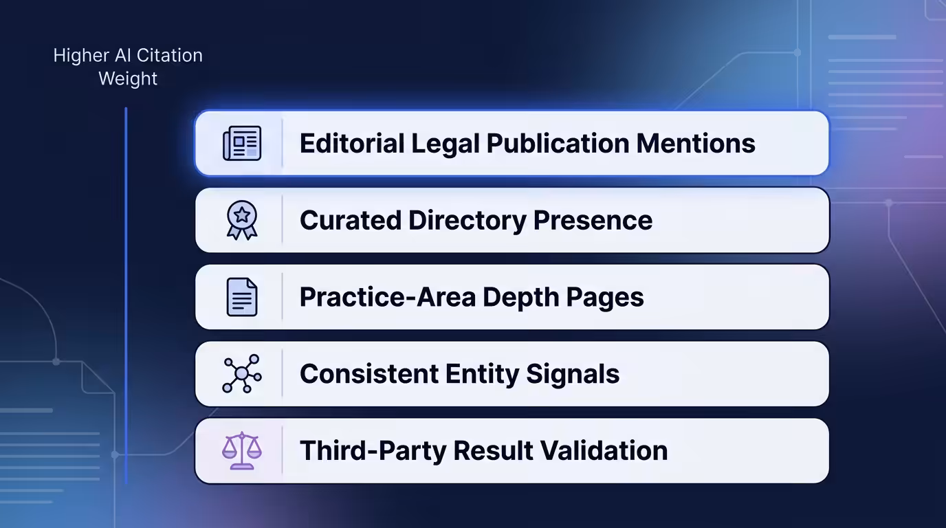 Framework showing five ranked signals AI models use to cite law firms