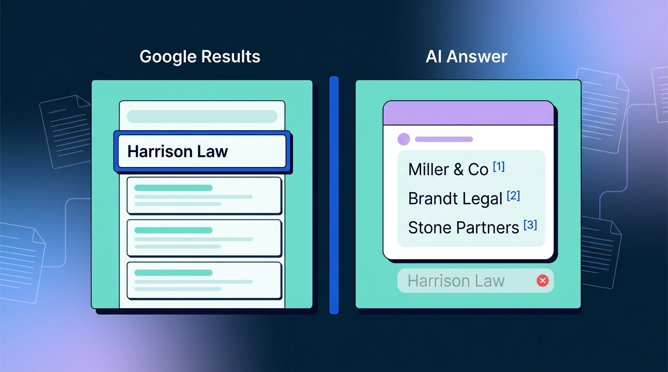 Comparison panel showing a law firm ranking on Google but missing from an AI-generated answer