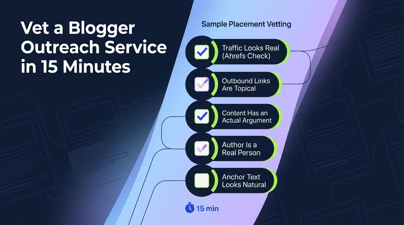 Editorial illustration of a five-item checklist for vetting sample placements from a blogger outreach service