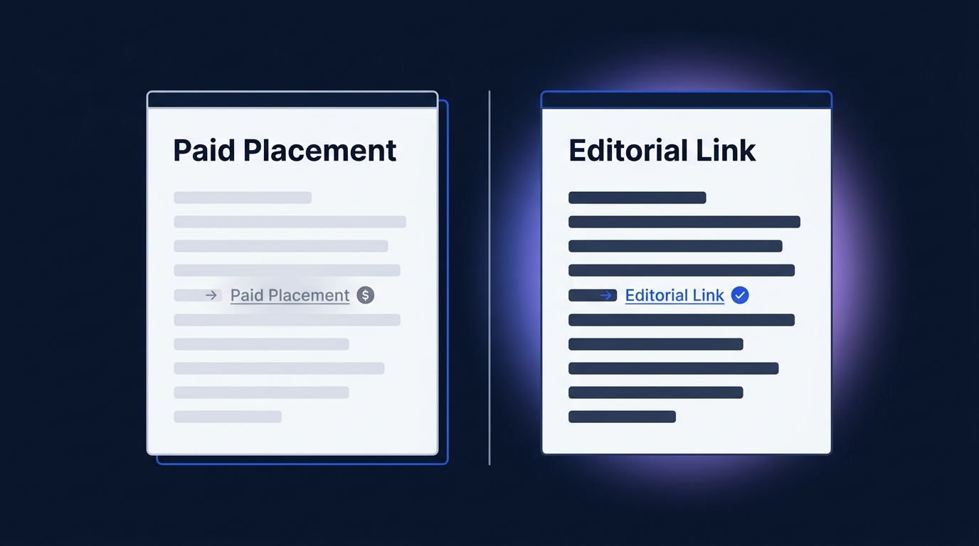 Comparison of a paid link placement and an editorial natural link on two article cards