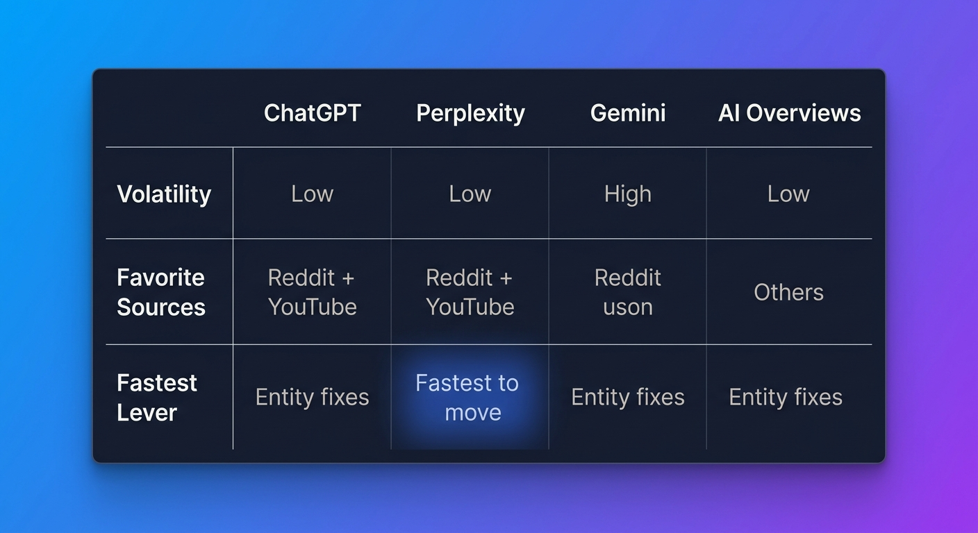Comparison table showing how ChatGPT, Perplexity, Gemini, and Google AI Overviews differ in source behavior