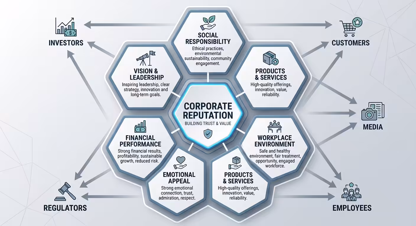 Corporate Reputation Management, corporate reputation hexagon diagram