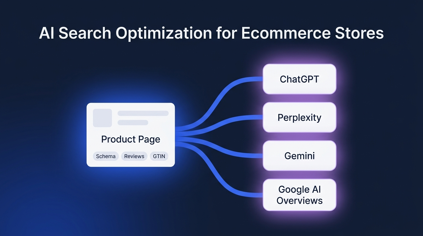 Diagram showing an ecommerce product page feeding into ChatGPT, Perplexity, Gemini, and Google AI Overviews