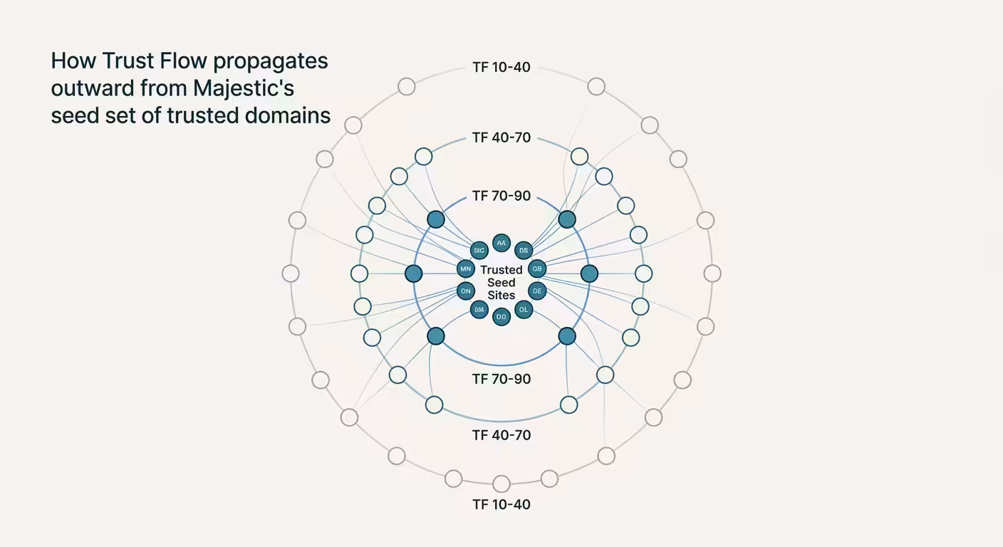 Trust Flow And Citation Flow, Diagram showing how Trust Flow scores decrease as sites sit further from Majestic