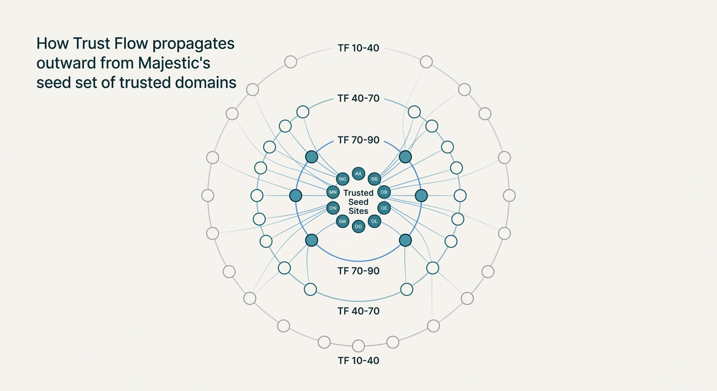 Diagram showing how Trust Flow scores decrease as sites sit further from Majestic's trusted seed domains