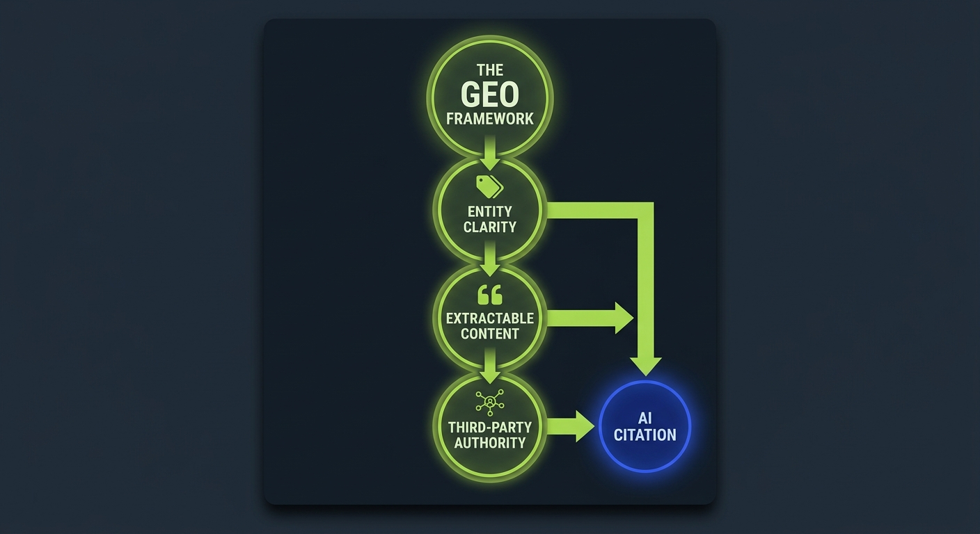 Diagram showing three pillars of generative engine optimization connecting to AI citation as the outcome