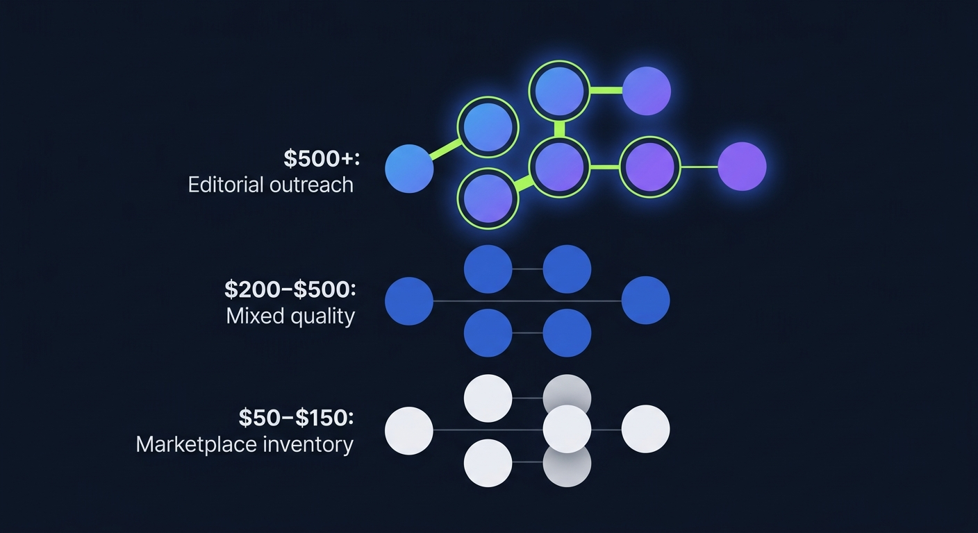 Diagram showing three pricing tiers for contextual link building services and what each tier delivers