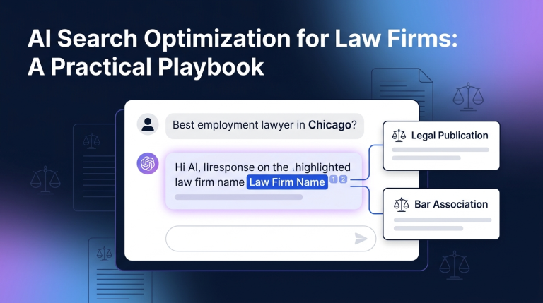 Editorial illustration of an AI chat interface citing a law firm with linked authoritative sources