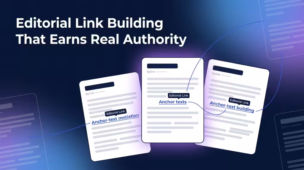 Editorial illustration of three magazine article pages with highlighted anchor text representing editorial links
