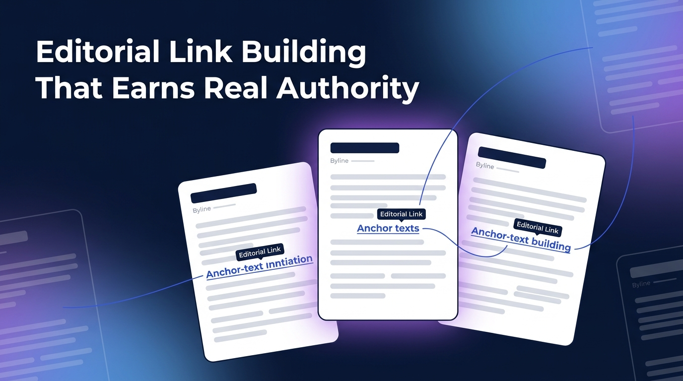 Editorial illustration of three magazine article pages with highlighted anchor text representing editorial links