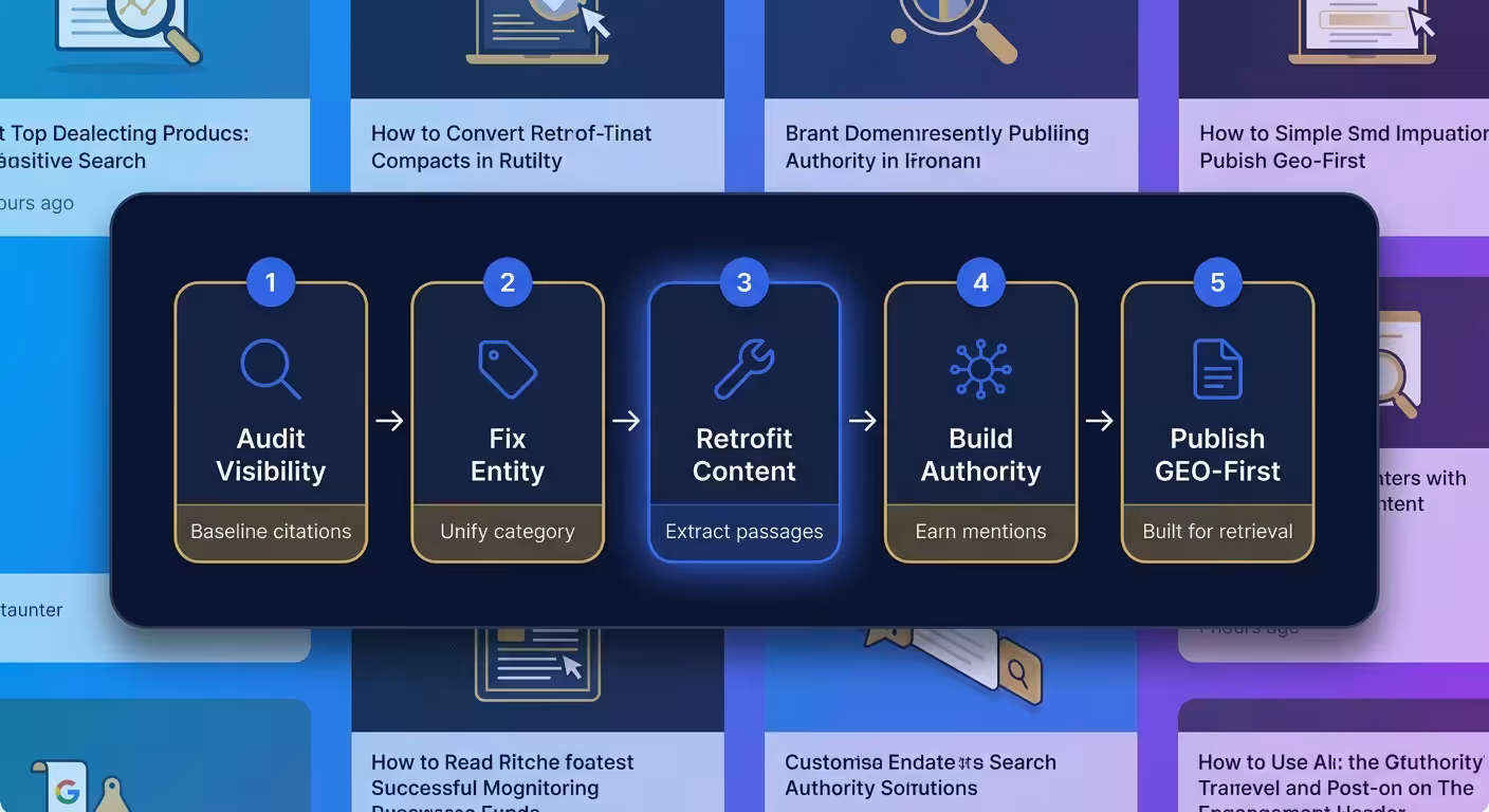 Five-step process flow for generative engine optimization showing audit, entity fixes, content retrofit, third-party building, and GEO-first publishing
