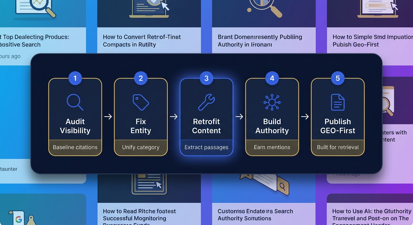 Five-step process flow for generative engine optimization showing audit, entity fixes, content retrofit, third-party building, and GEO-first publishing