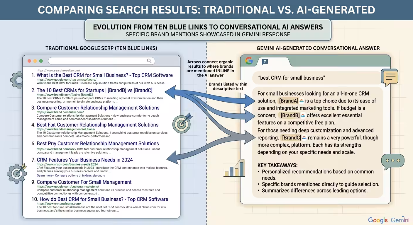 Monitor Brand Mentions In Gemini, google serp vs gemini