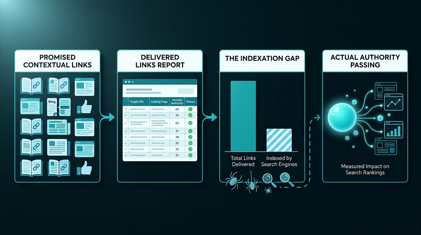 Laptop showing a contextual link building report comparing delivered links to actually indexed links