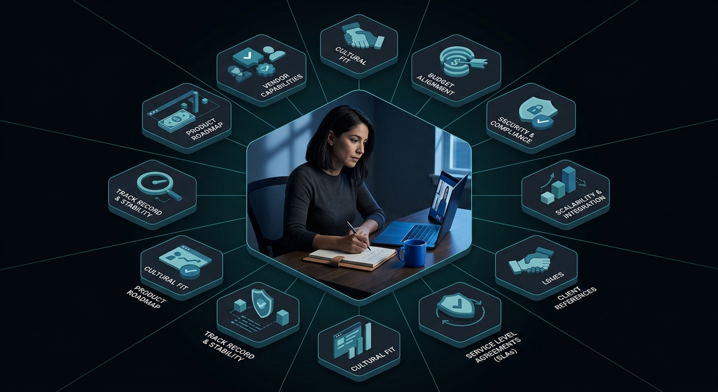 Marketing director taking notes during a contextual link building vendor evaluation call