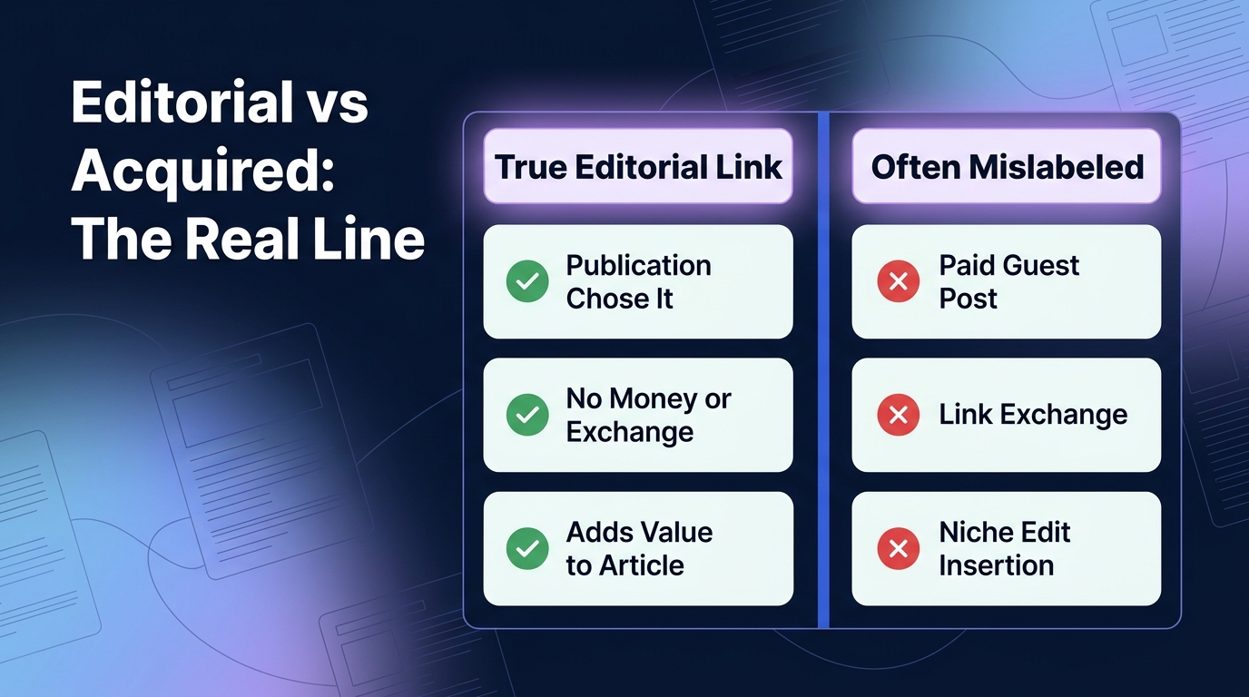 Comparison illustration showing true editorial link criteria versus commonly mislabeled placements