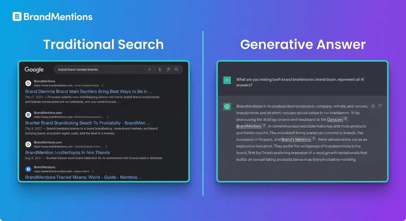 Split comparison showing Google search results on the left and an AI chat answer with citation markers on the right