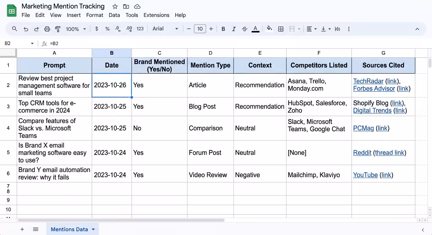 spreadsheet prompt tracking table
