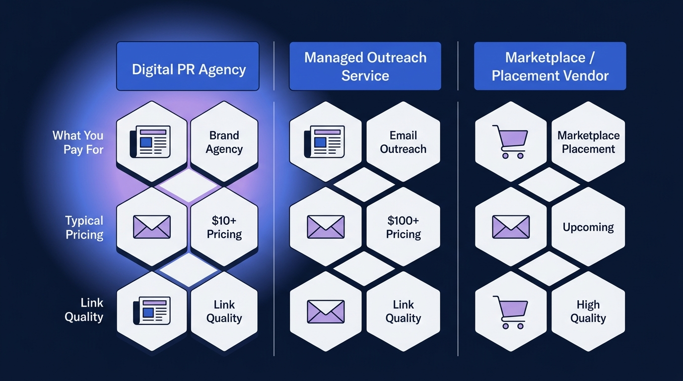 Three-column comparison of digital PR, managed outreach, and marketplace link building services
