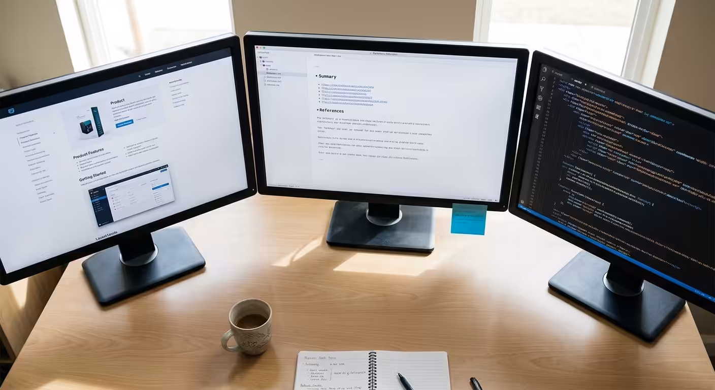 What Is Llms.txt, Three monitors showing a rendered webpage, a clean Markdown file, and raw HTML code side by side.
