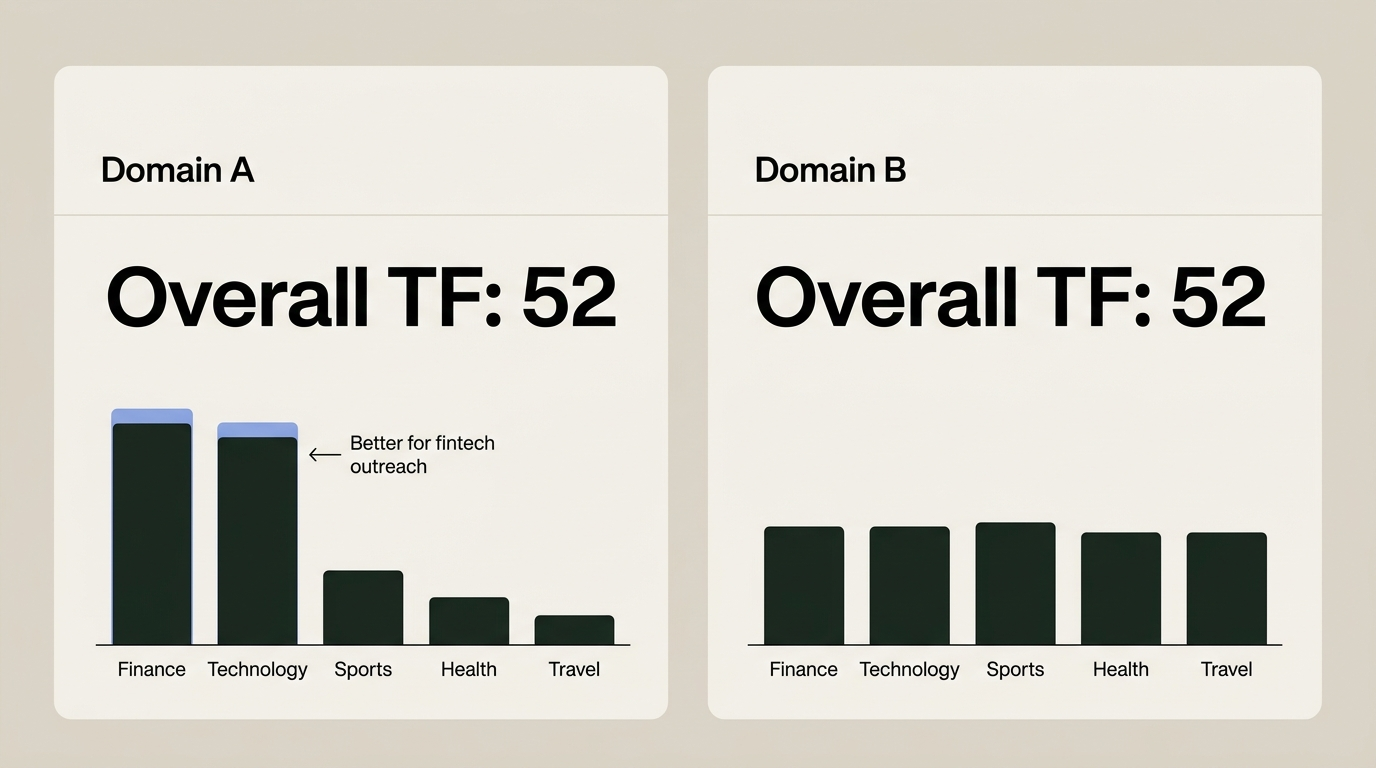 Two domains with identical overall Trust Flow but different topical breakdowns, one stronger in finance categories