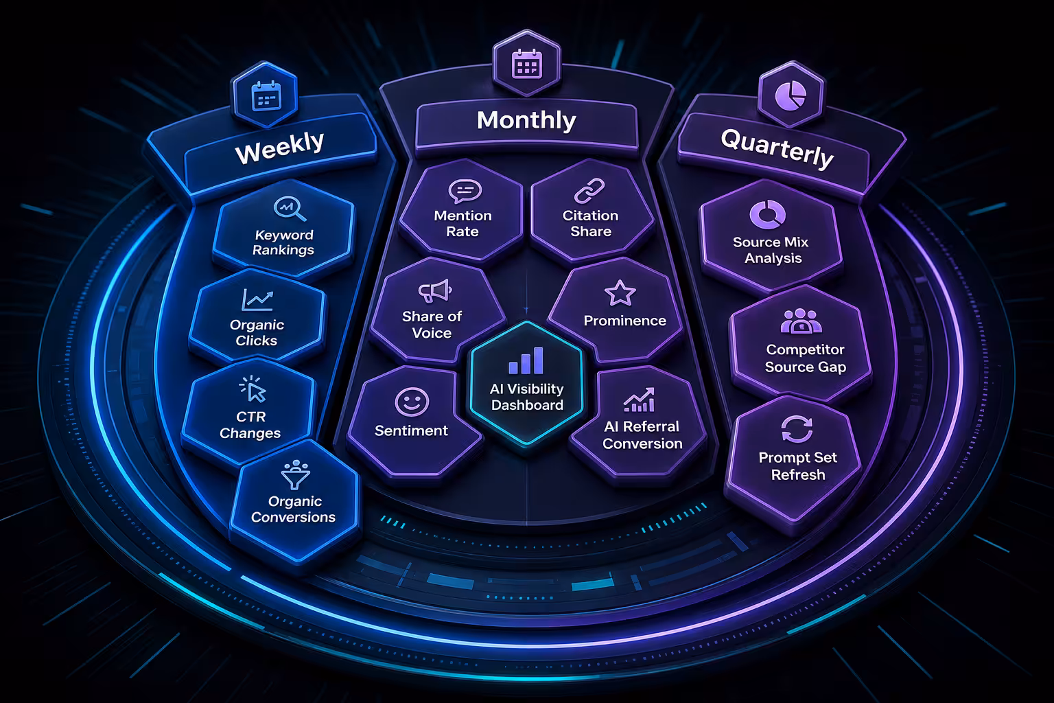 AI visibility SEO metrics dashboard cadence weekly monthly quarterly