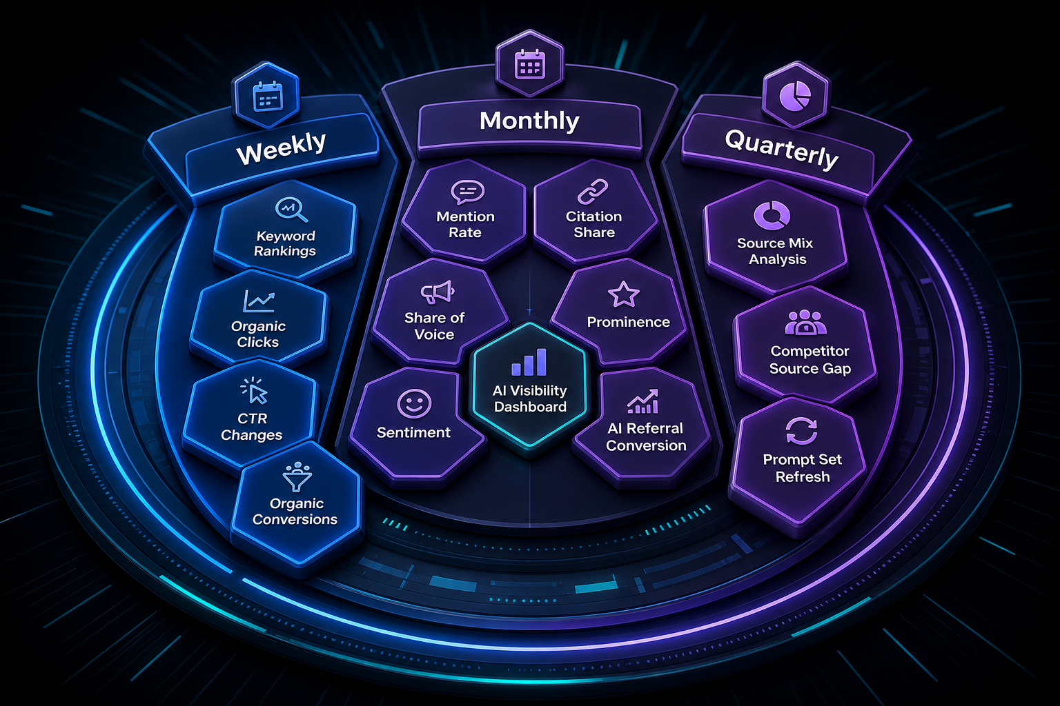 ai-visibility-seo-metrics-dashboard-cadence-weekly-monthly-quarterly