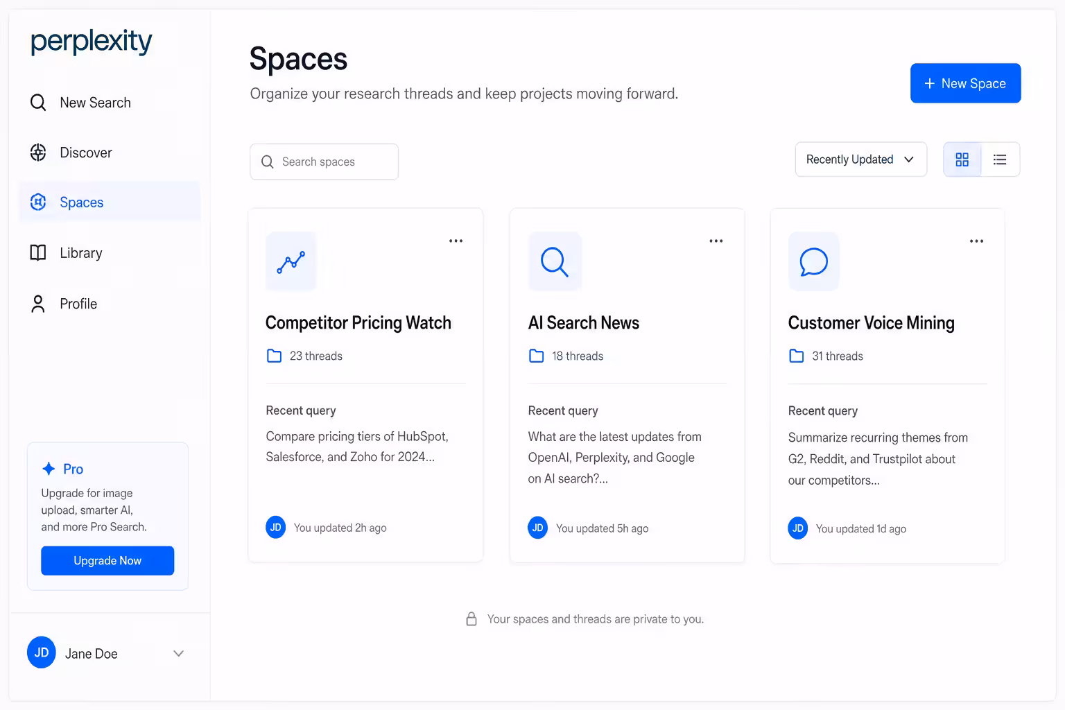 Perplexity spaces dashboard organizing three research workspaces