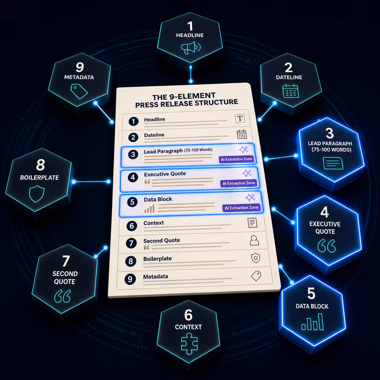 Press release structure AI extraction zones diagram