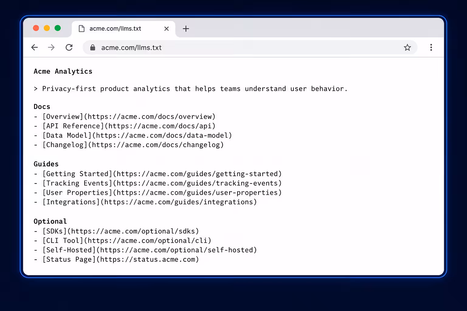 Published LLMs txt file in browser