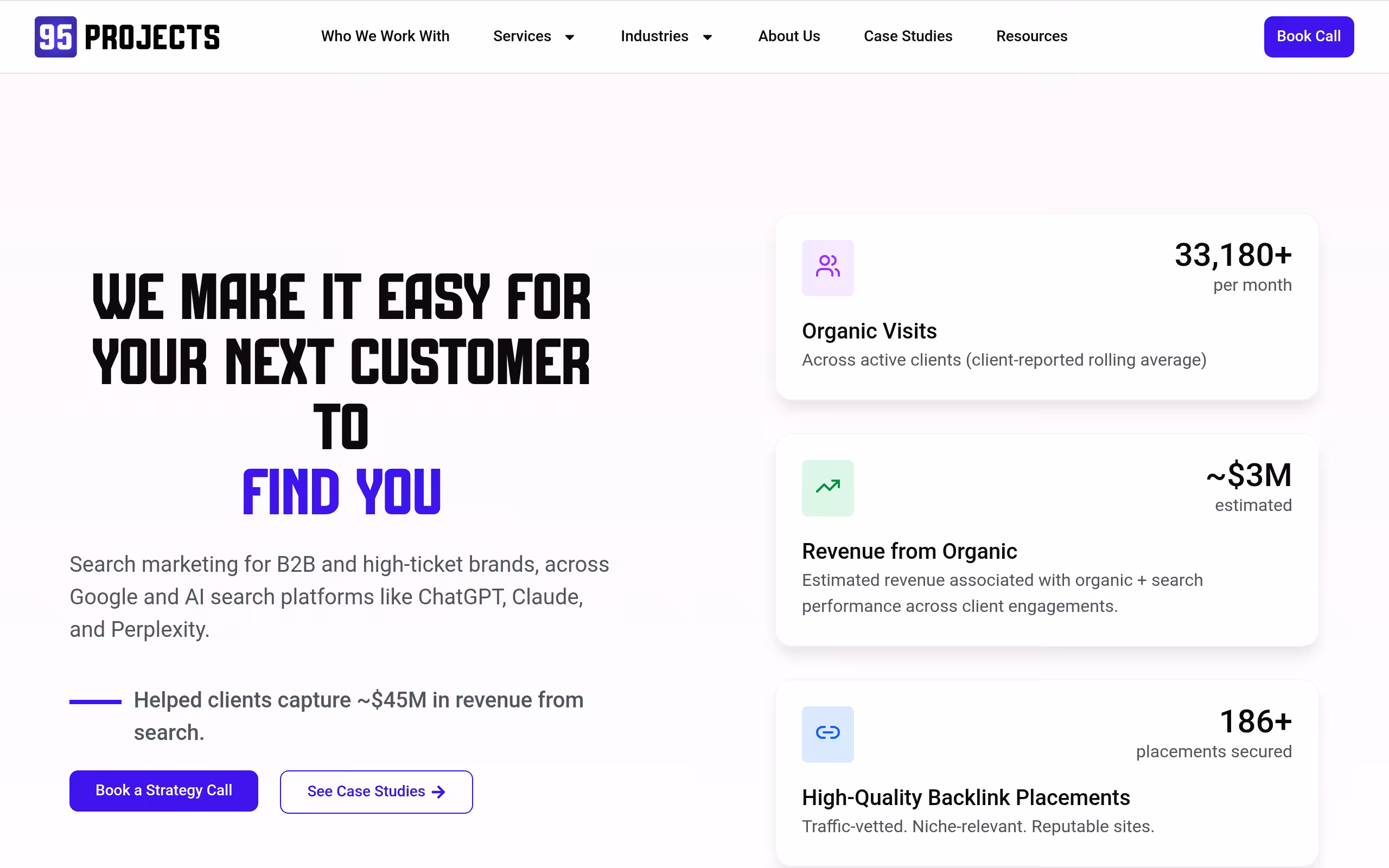 95 projects ecommerce SEO PPC and GEO agency homepage