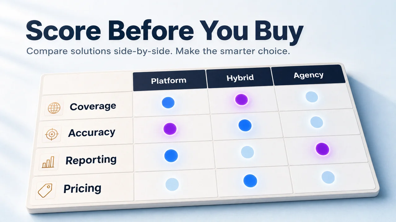 Scorecard matrix of buying criteria against tracking solution types