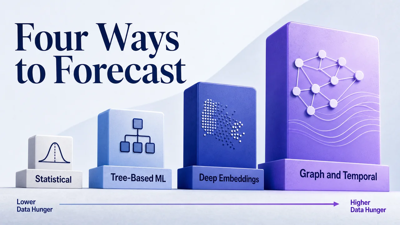 Four citation forecasting model families sized by data appetite
