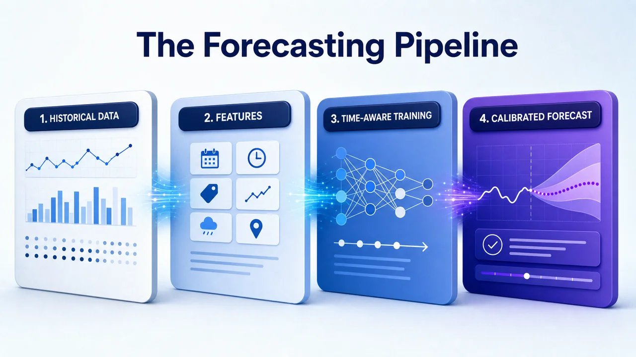 Four stage pipeline from historical data to calibrated forecast