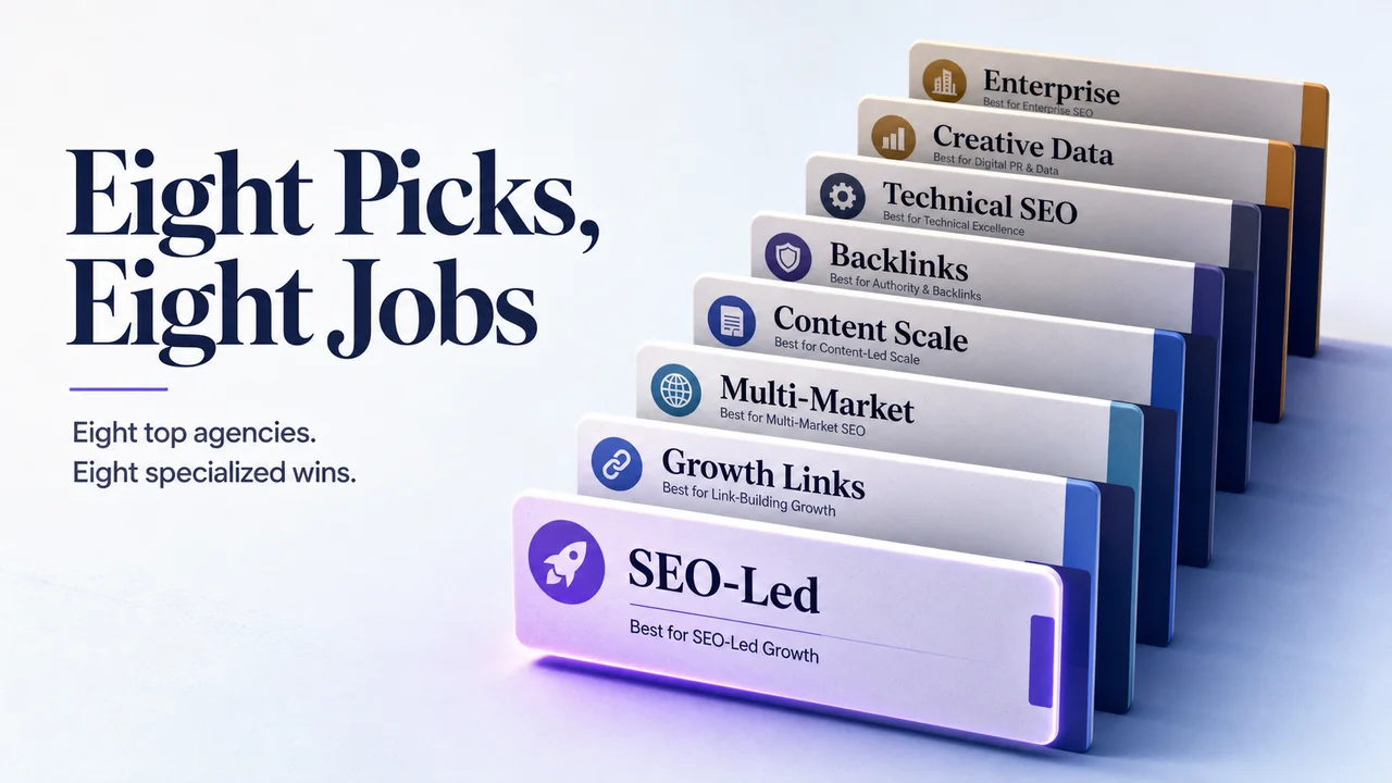 Eight stacked agency cards each with short best for tag