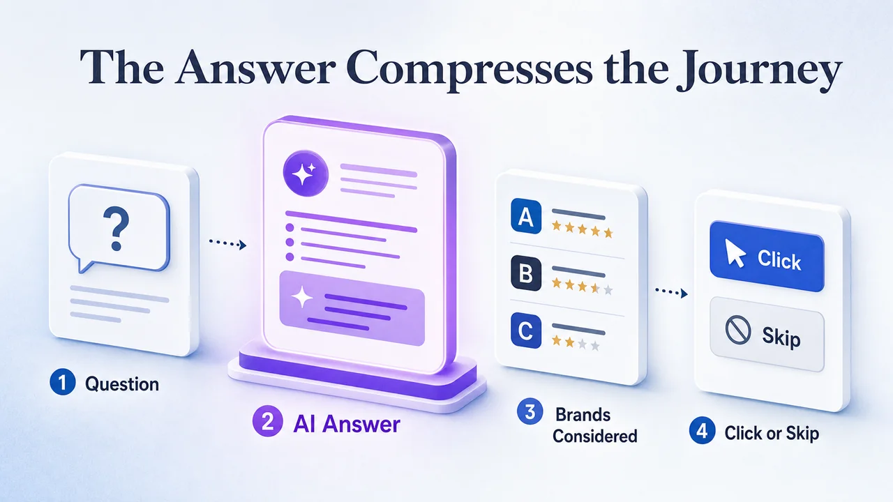Flow from question to ai answer to brand consideration to action
