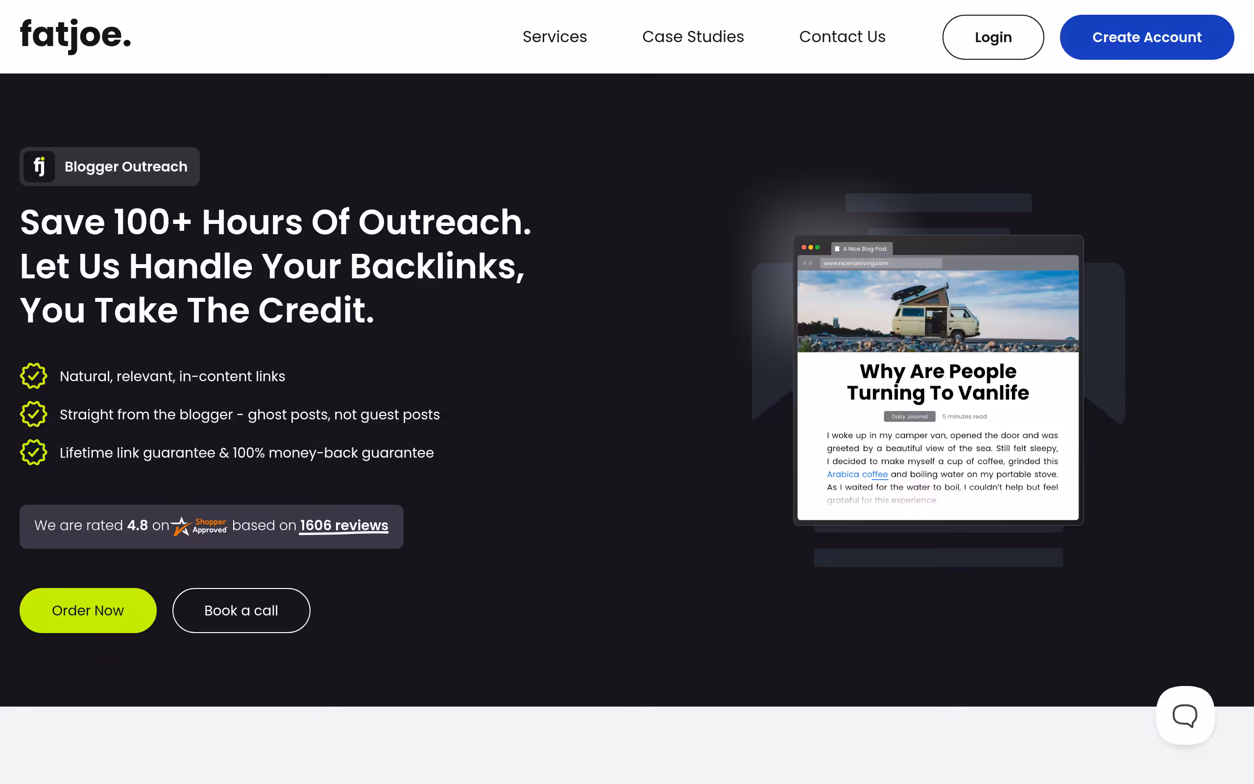 fatjoe blogger outreach service page showing white-label link building packages