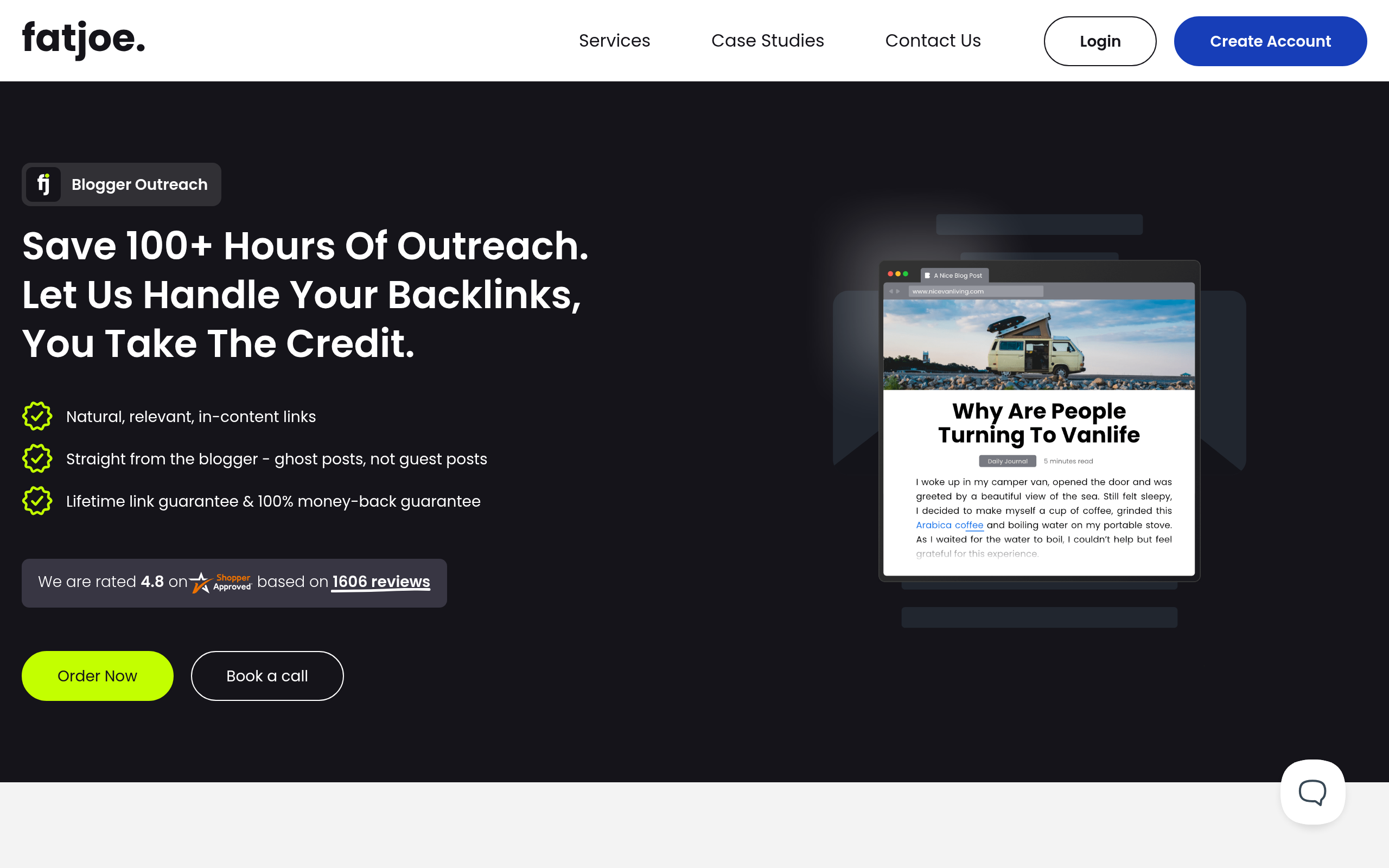 fatjoe blogger outreach service page showing white-label link building packages