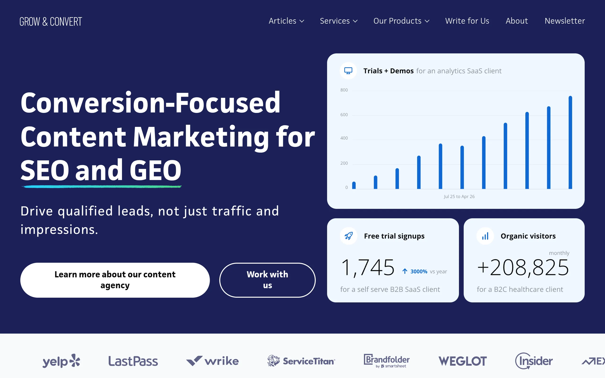 Grow and convert conversion focused SaaS content marketing homepage