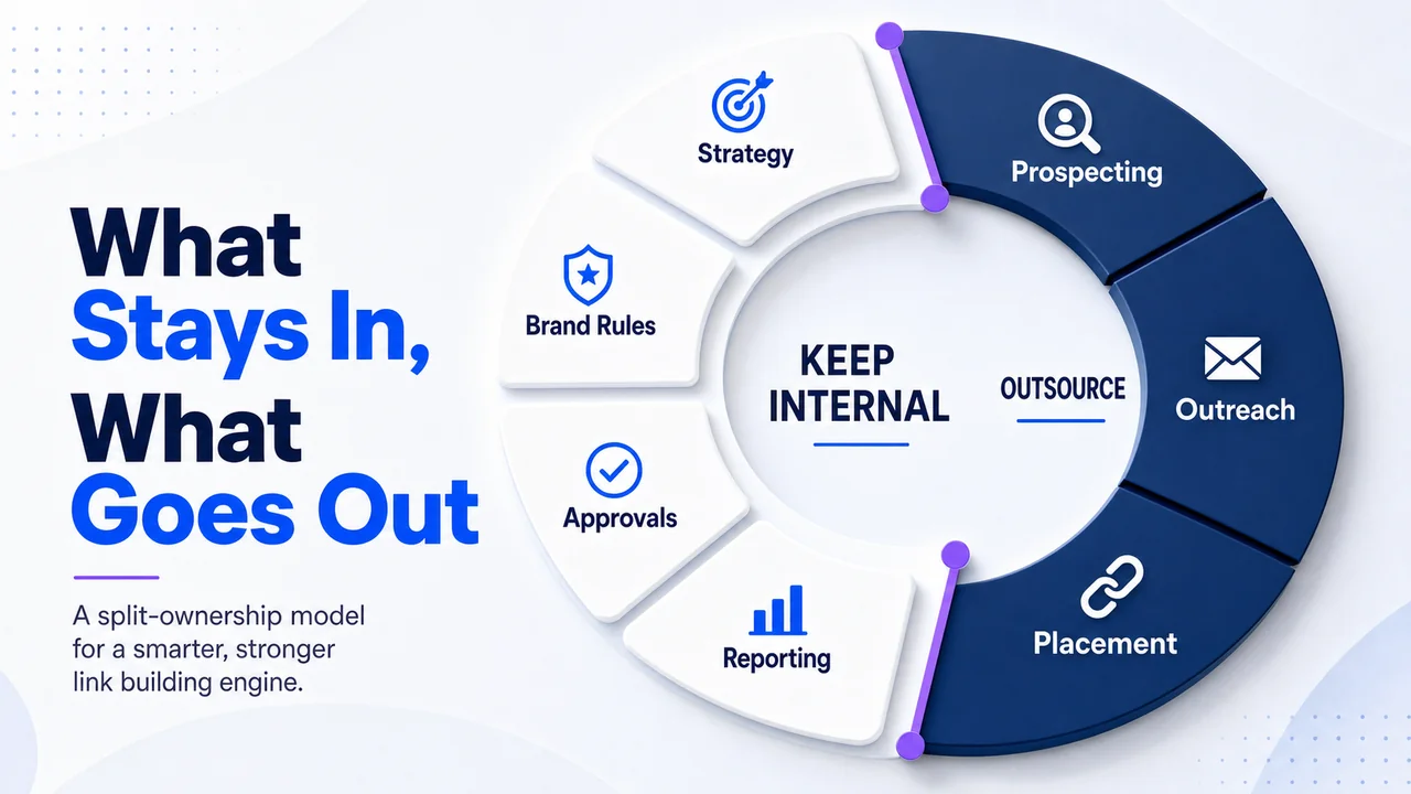Circular workflow split between internal strategy and outsourced execution