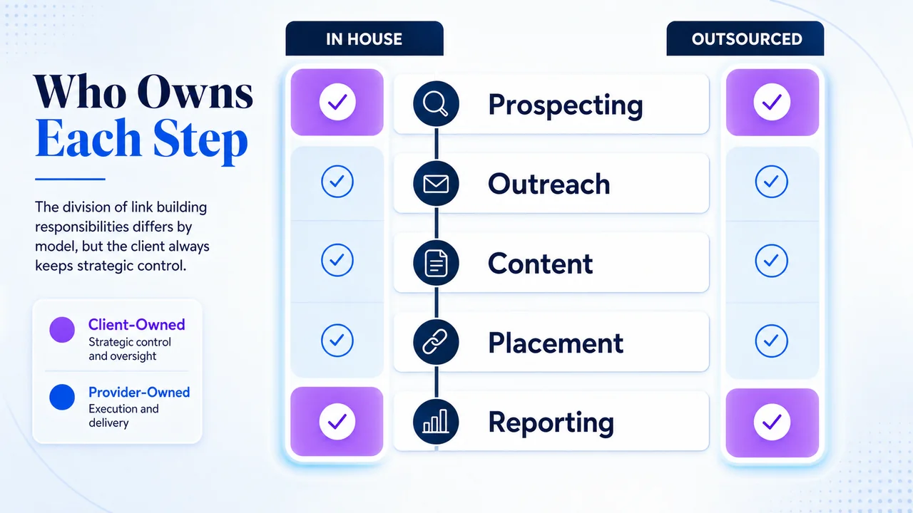 Link building workflow stages split between two models