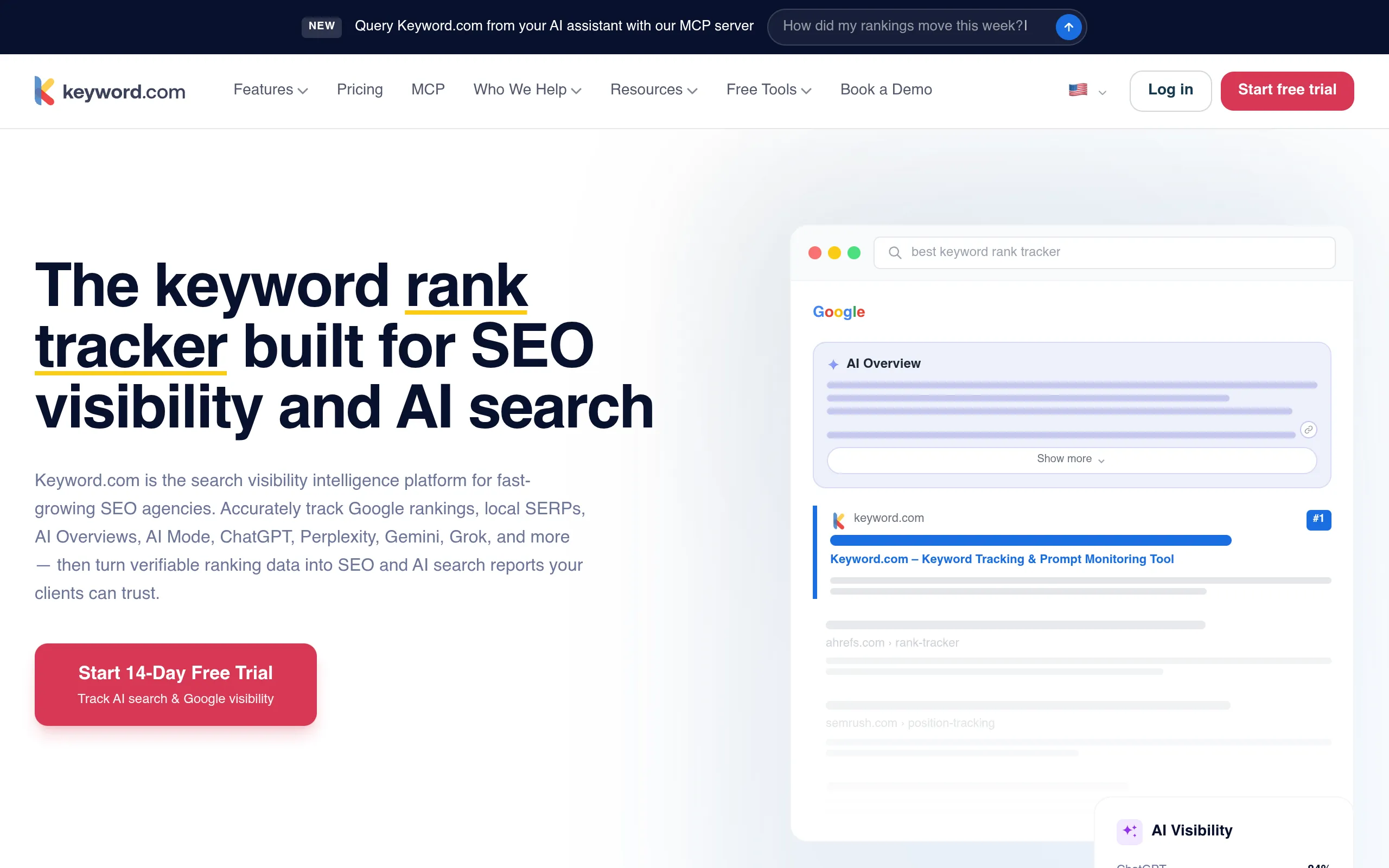 Keyword.com AI visibility dashboard for low-cost keyword and AI Overview tracking