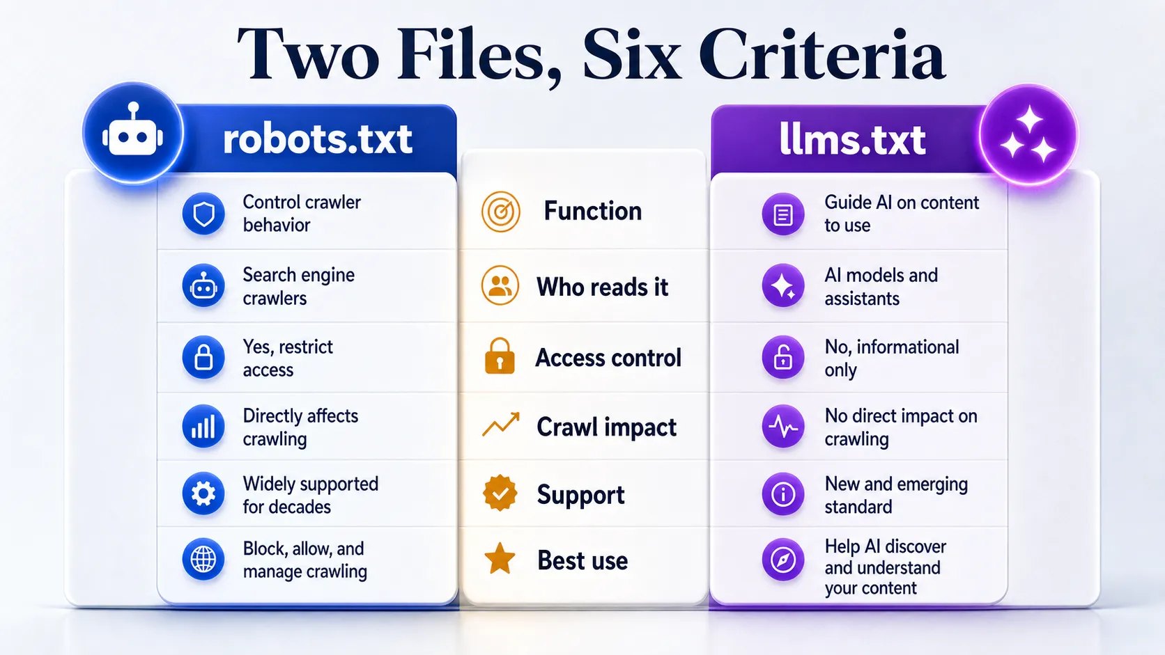 Scorecard comparing robots txt and LLMs txt across six criteria
