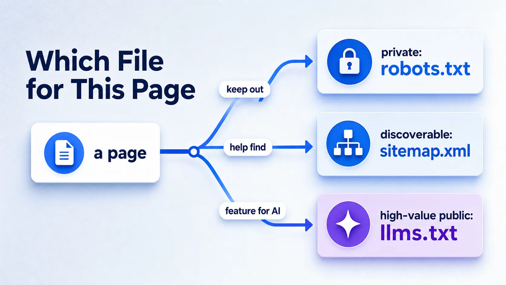Decision tree routing pages to robots txt sitemap or LLMs txt