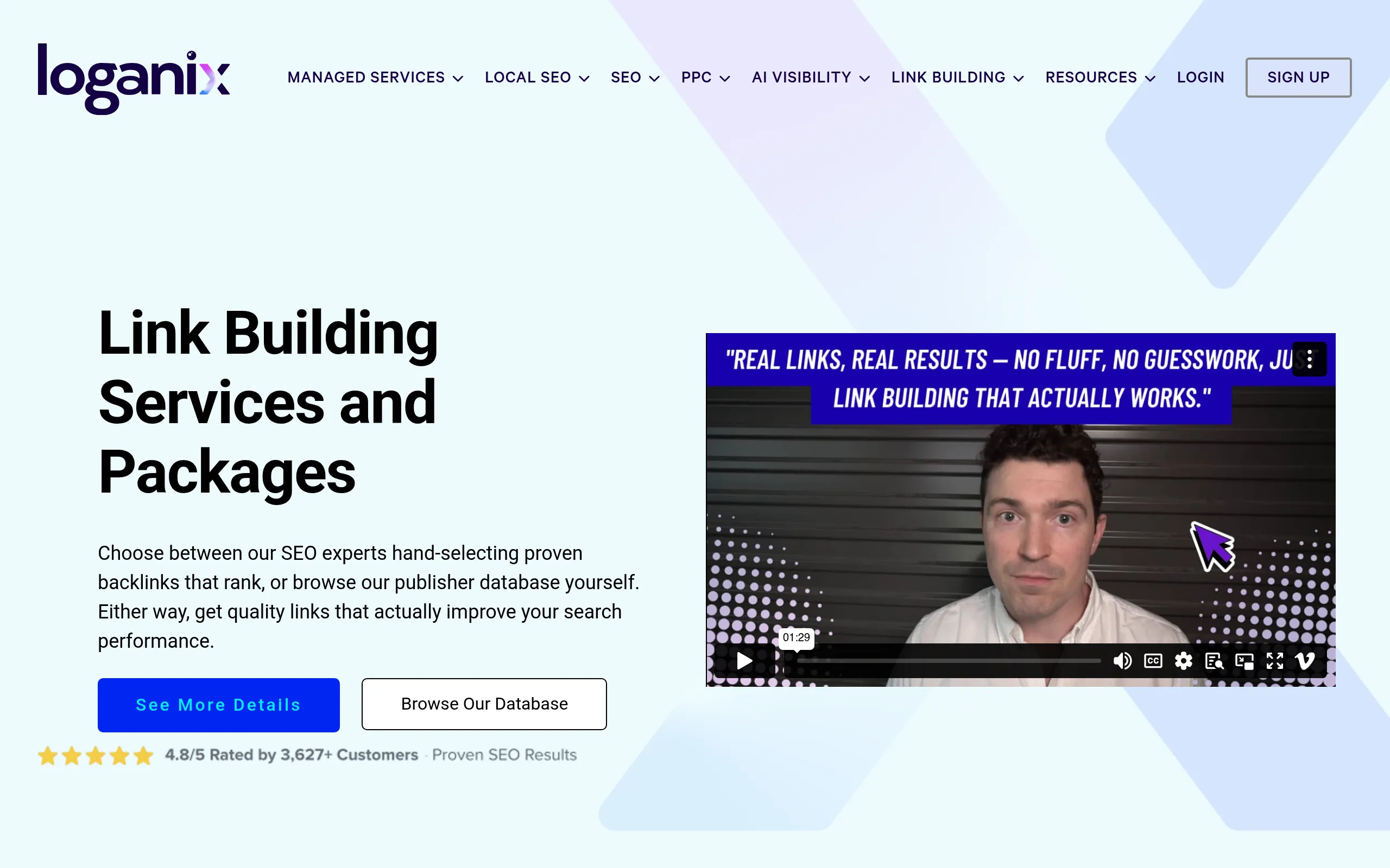 loganix-link-building-page-showing-managed-packages-and-self-serve-options