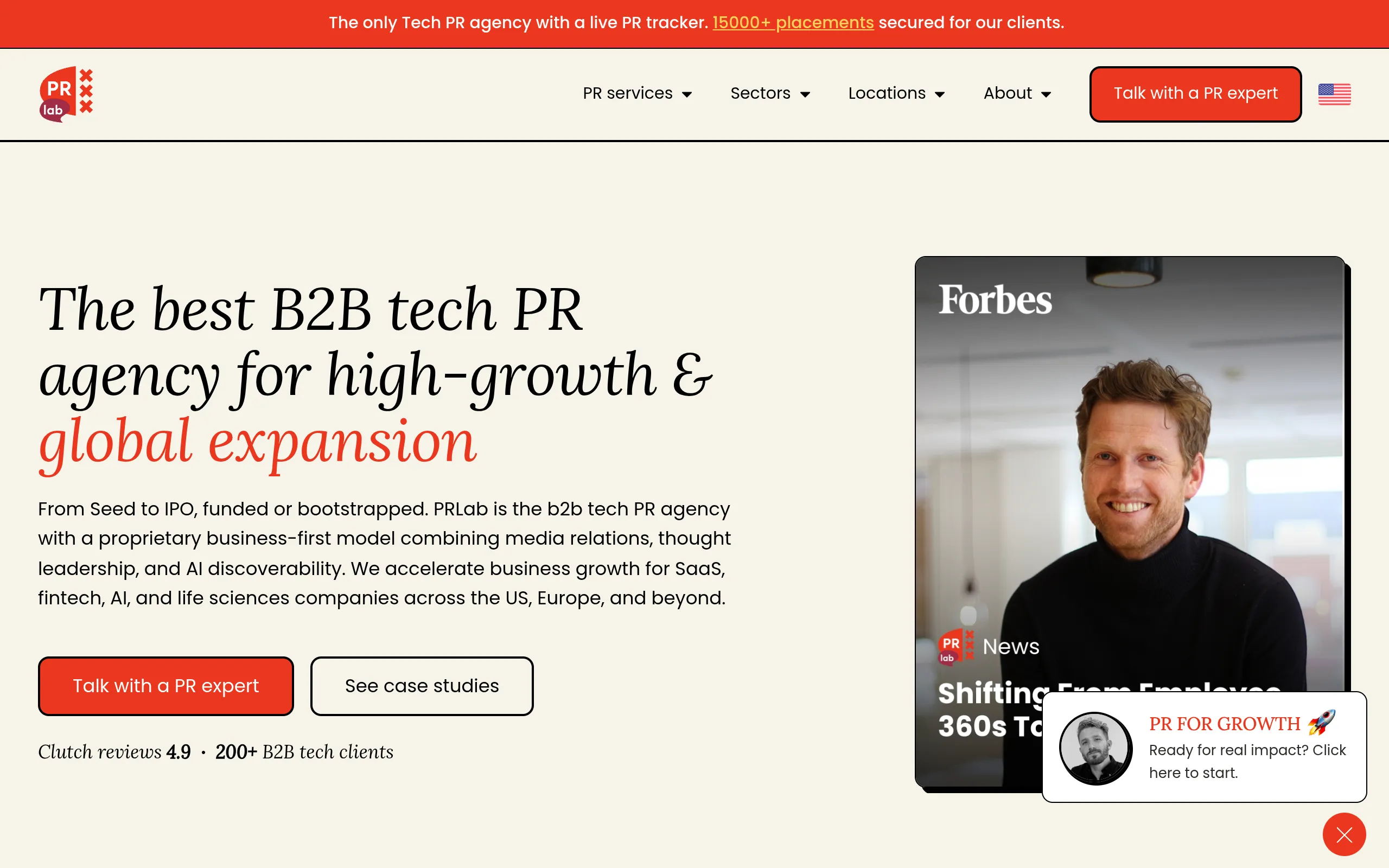 PRLab B2B tech PR agency website for high growth companies