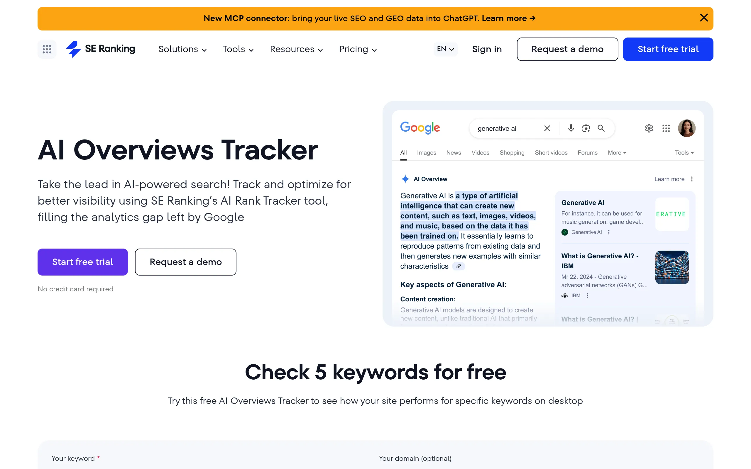 SE Ranking AI Overviews Tracker dashboard for keyword mention and citation tracking