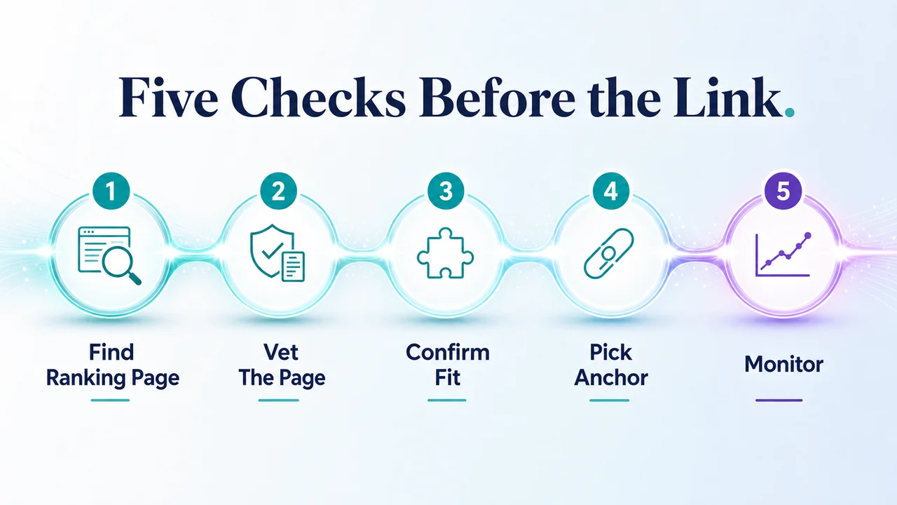 Five step flow from finding ranking page to monitoring link